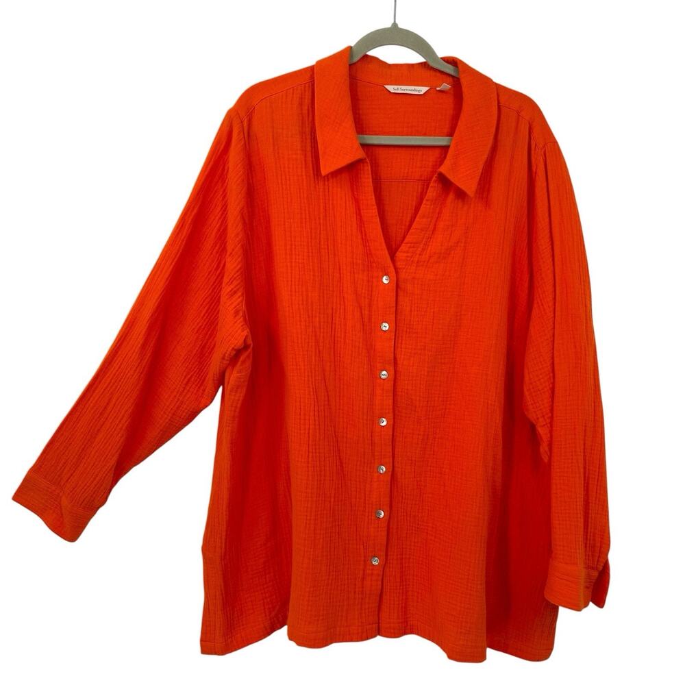 Soft Surroundings 3X Gauze Top Button Up V Neck Long Sleeve Orange Cotton - Picture 2 of 9